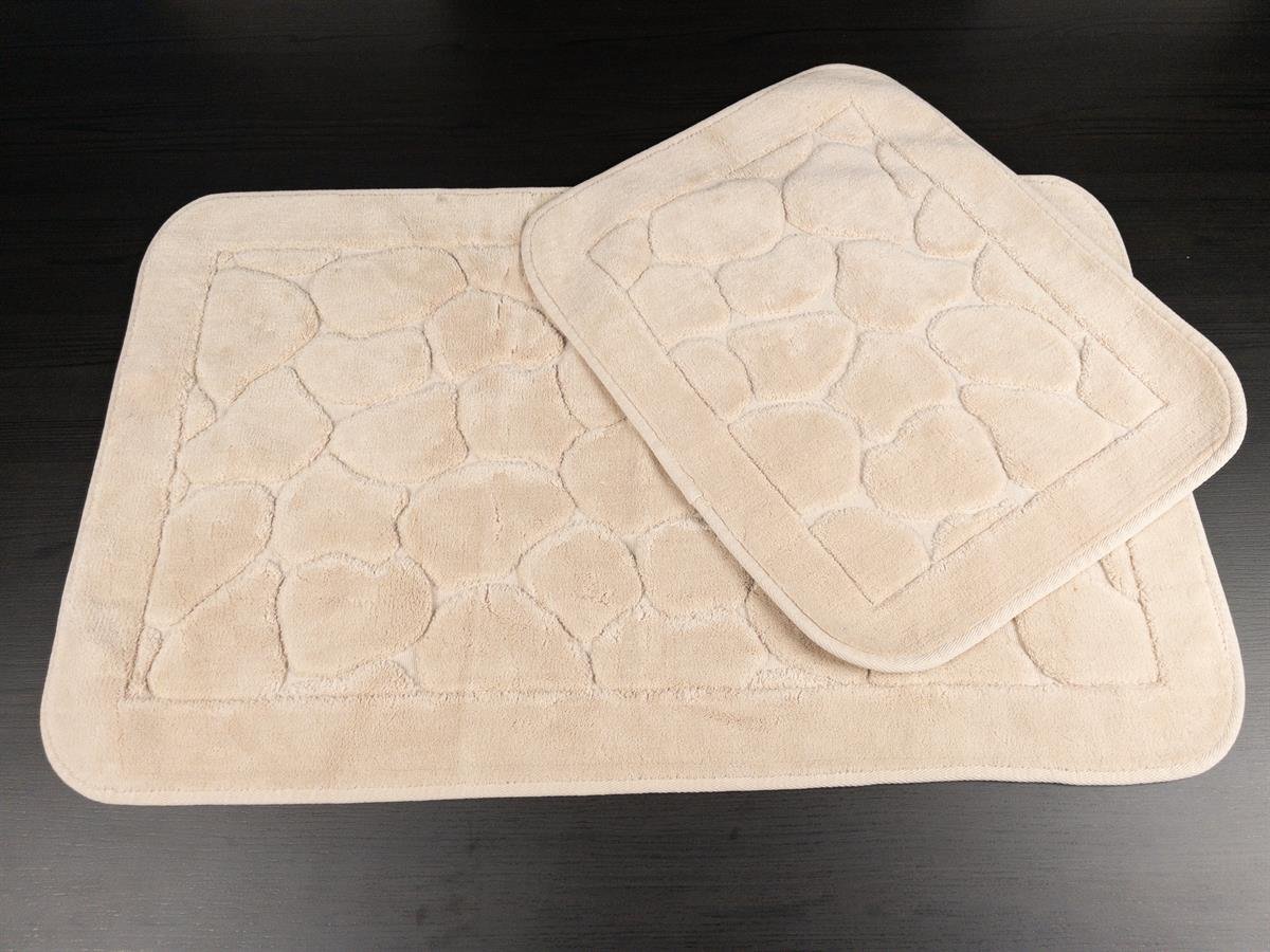 Mera Kaymaz Taban 2'li Pamuklu Banyo Paspası Bej Yıkanabilir Su Emici 60x100cm ve 50x60 Bej Pamuklu Banyo Halısı