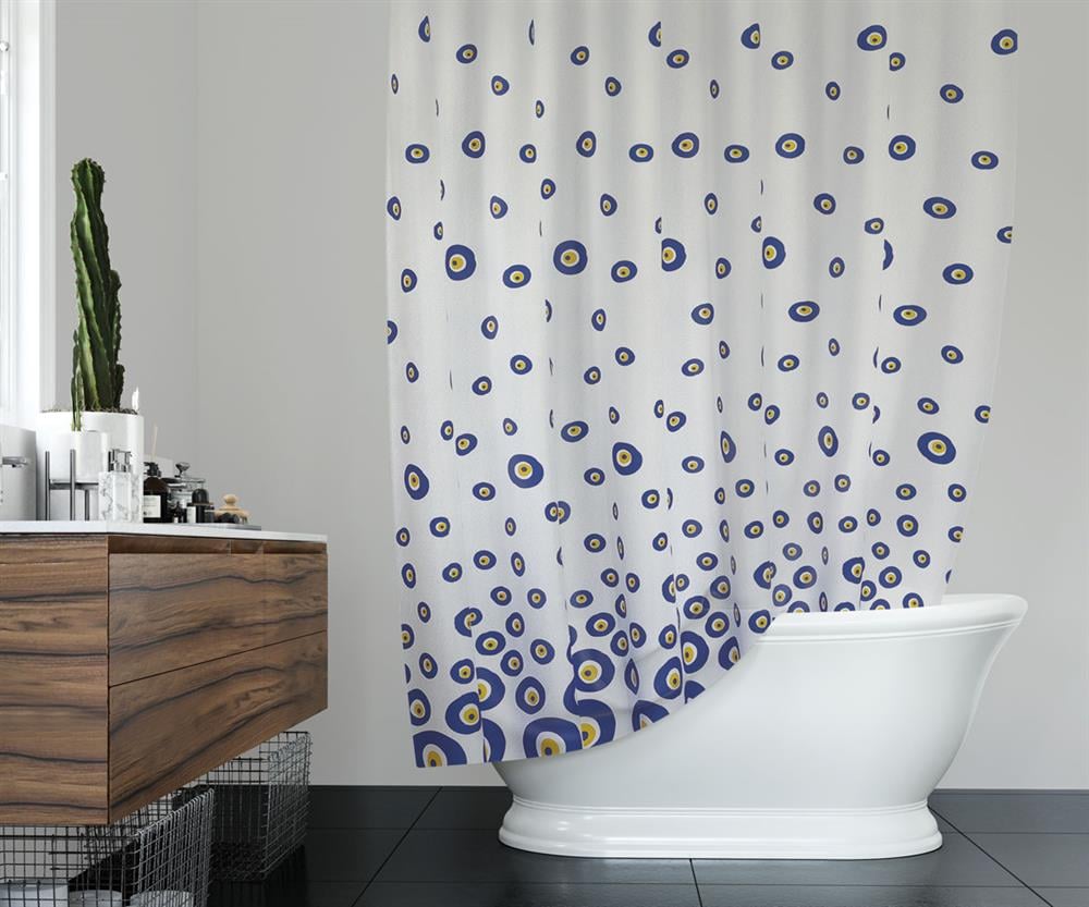 Nazar Boncuğu Banyo Perdesi, 180x200cm Duş Perdesi-Tek Kanat Banyo Duş Perdesi- C Halka