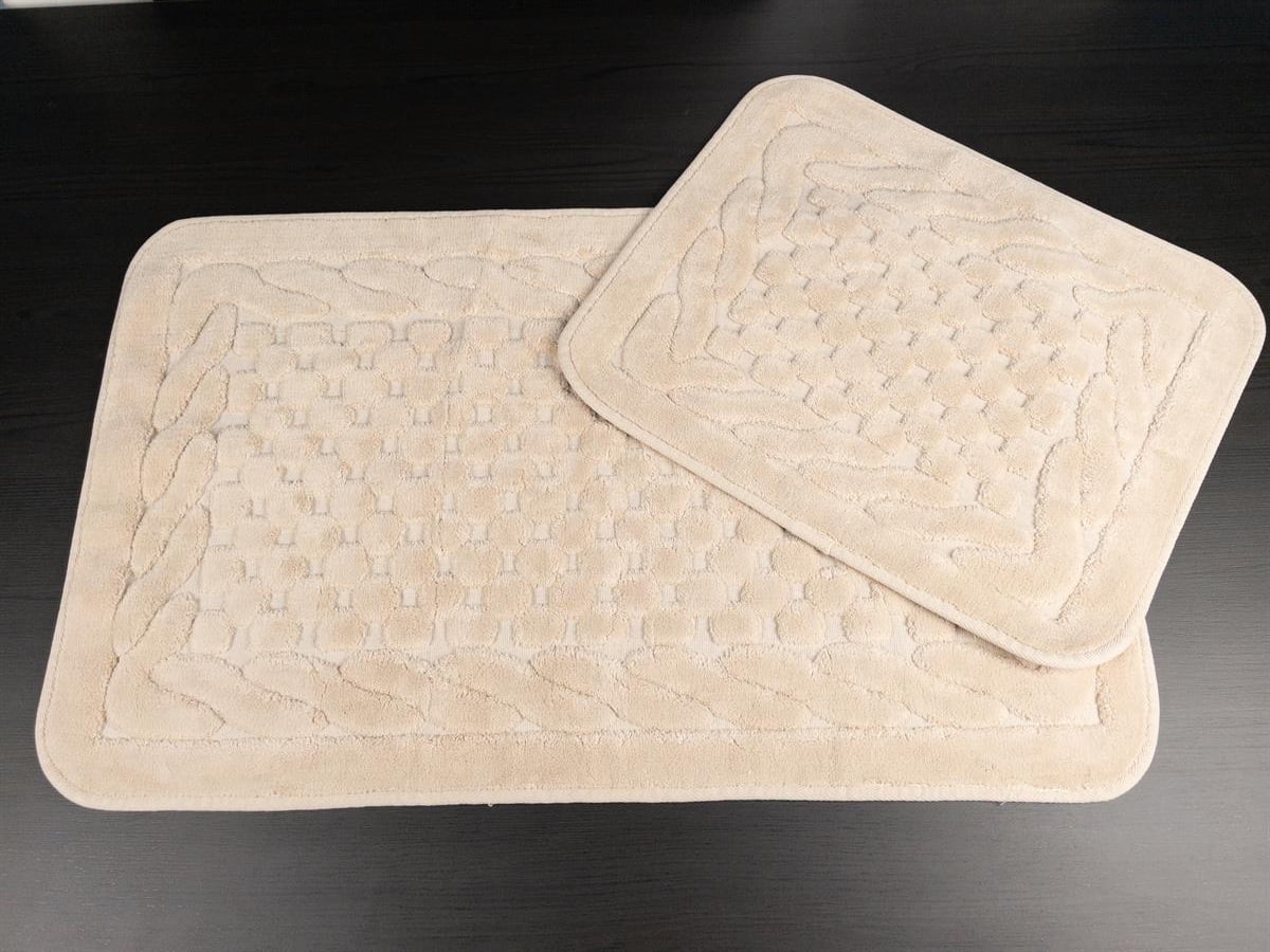 Netha Kaymaz Taban 2'li Pamuklu Banyo Paspası Bej Yıkanabilir Su Emici 60x100cm ve 50x60cm Krem Pamuklu Banyo Halısı