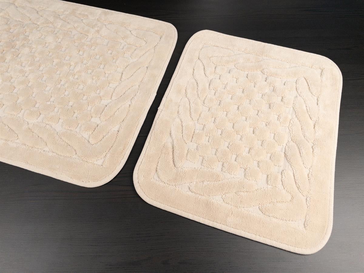 Netha Kaymaz Taban 2'li Pamuklu Banyo Paspası Bej Yıkanabilir Su Emici 60x100cm ve 50x60cm Krem Pamuklu Banyo Halısı