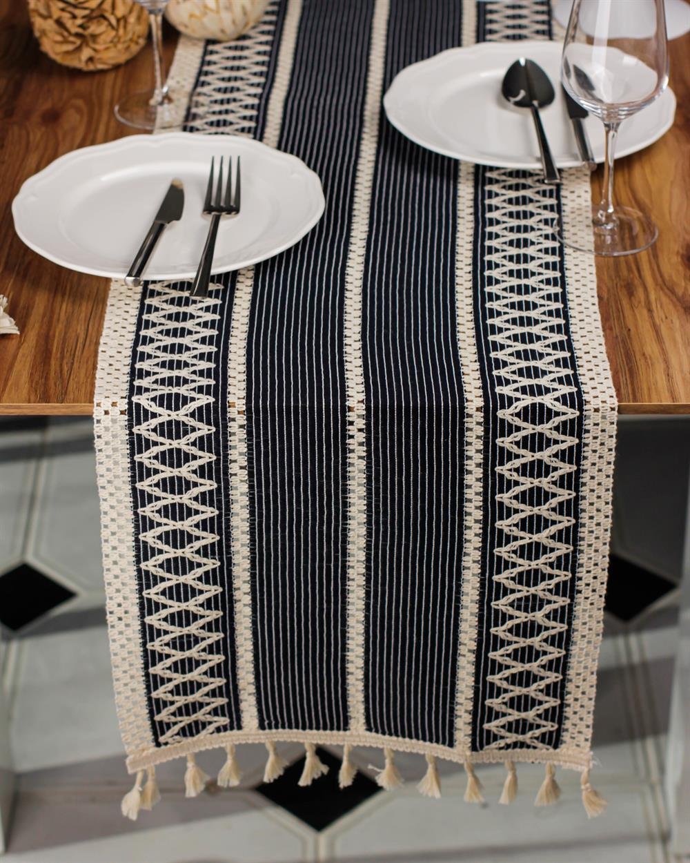 Örme Lacivert Runner , Püsküllü Organik Pamuk Dantel Örme Runner 35x155 Cm Regina Runner Örtüsü
