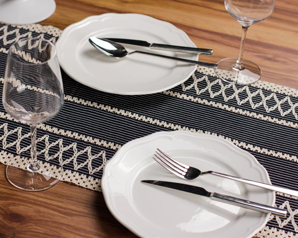 Örme Lacivert Runner , Püsküllü Organik Pamuk Dantel Örme Runner 35x155 Cm Regina Runner Örtüsü