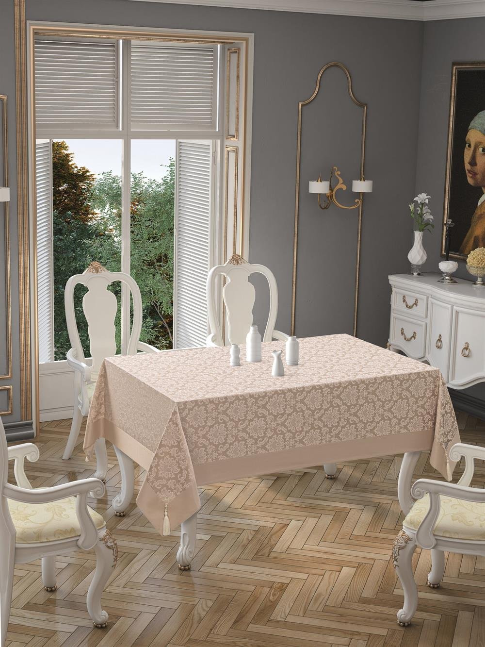 Pamuklu Damask Desen Bej Renk Luks Masa Örtüsü 160x220cm