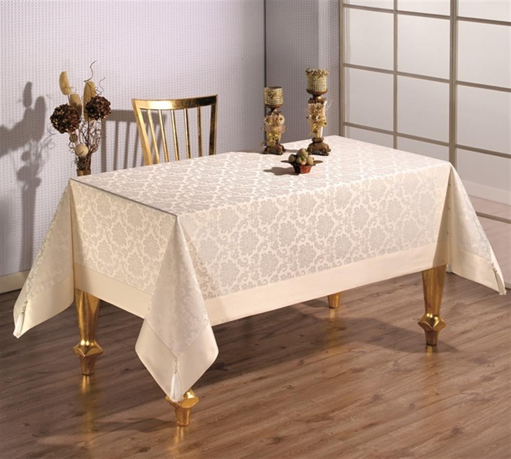 Pamuklu Damask Desen Krem Renk Luks Masa Örtüsü 160x220cm