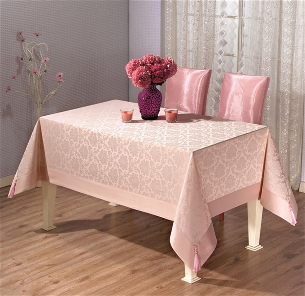 Pamuklu Damask Desen Pudra Pembe Renk Luks Masa Örtüsü 160x220cm