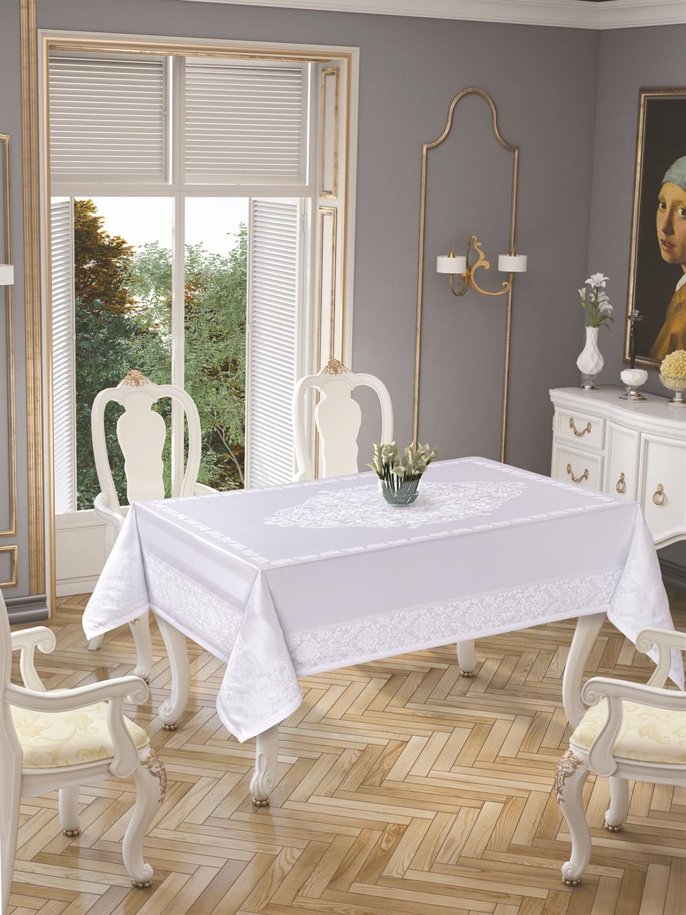 Polyester Leke Tutmaz Pano Desen Lux Masa Örtüsü 8 Kişilik Beyaz