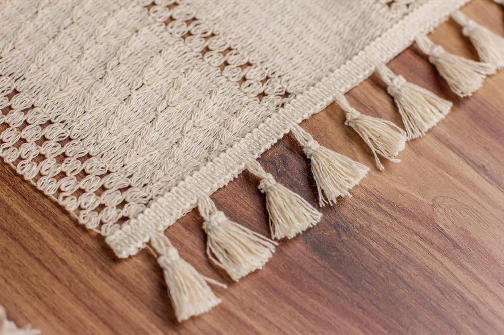 Runner Pamuk Dantel Püsküllü Krem Runner ,Sunum Örtüsü Dantel Bej 35x155 Cm Regina Runner Masa Örtüsü