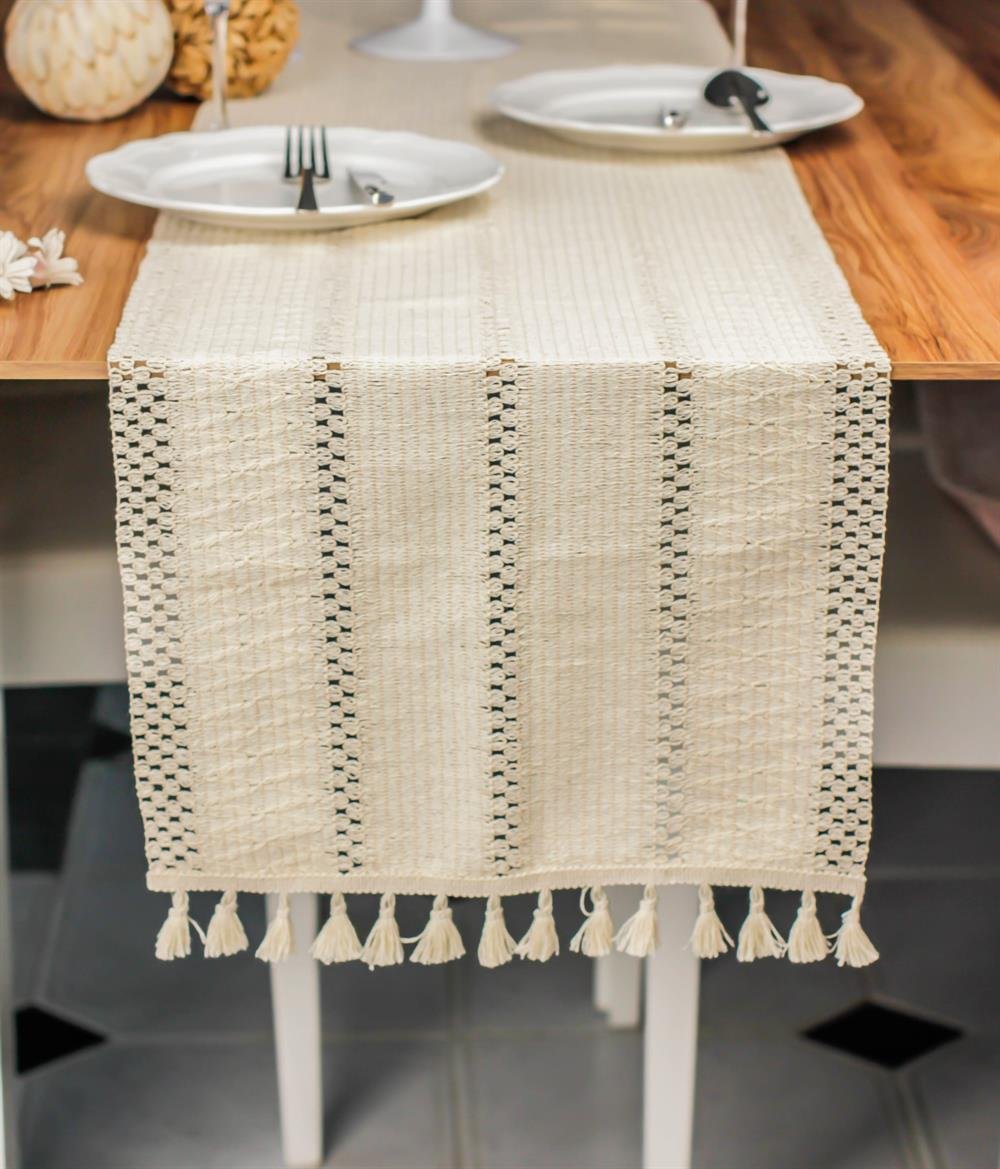 Runner Pamuk Dantel Püsküllü Krem Runner ,Sunum Örtüsü Dantel Bej 35x155 Cm Regina Runner Masa Örtüsü