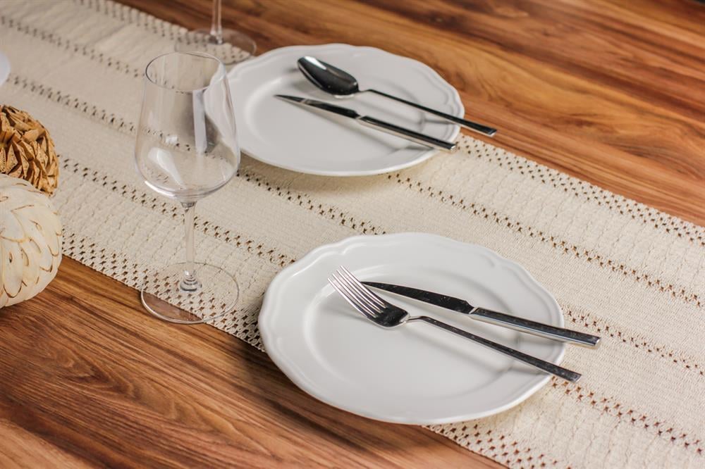Runner Pamuk Dantel Püsküllü Krem Runner ,Sunum Örtüsü Dantel Bej 35x155 Cm Regina Runner Masa Örtüsü