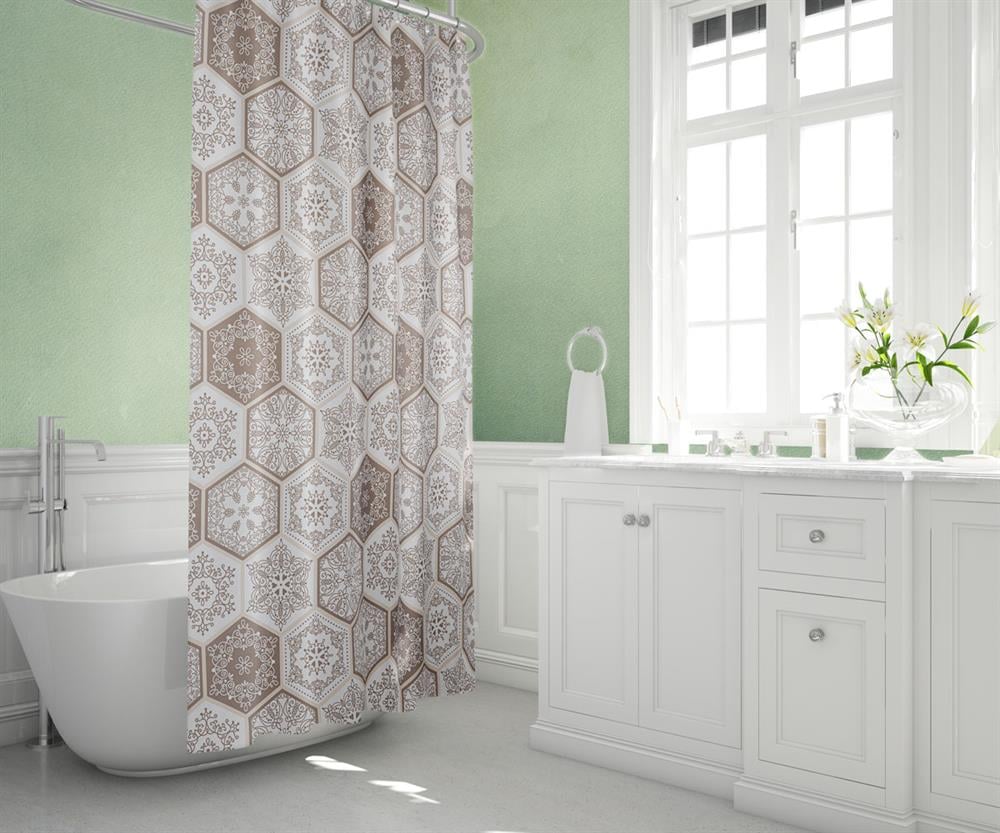 Su Geçirmez Banyo Perdesi Kahve Dantel Desen Duş Perde Yüksek Kalite Küvet Perdesi 180x200cm