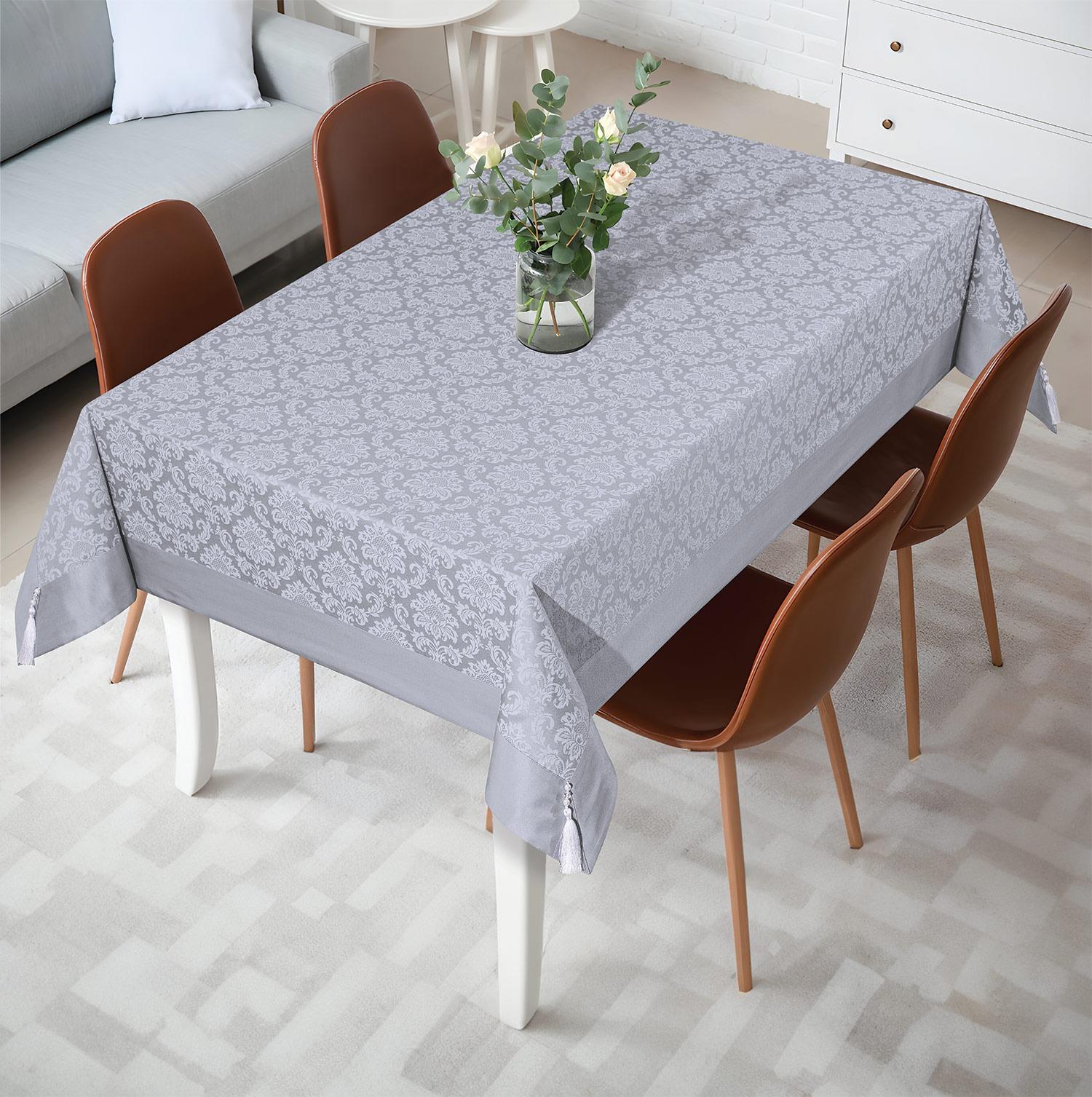Pamuklu Damask Desen Gümüş Gri Renk Luks Masa Örtüsü 160x220cmUygun fiyatlı üreticiden toptan masa örtüsü runner setleri 