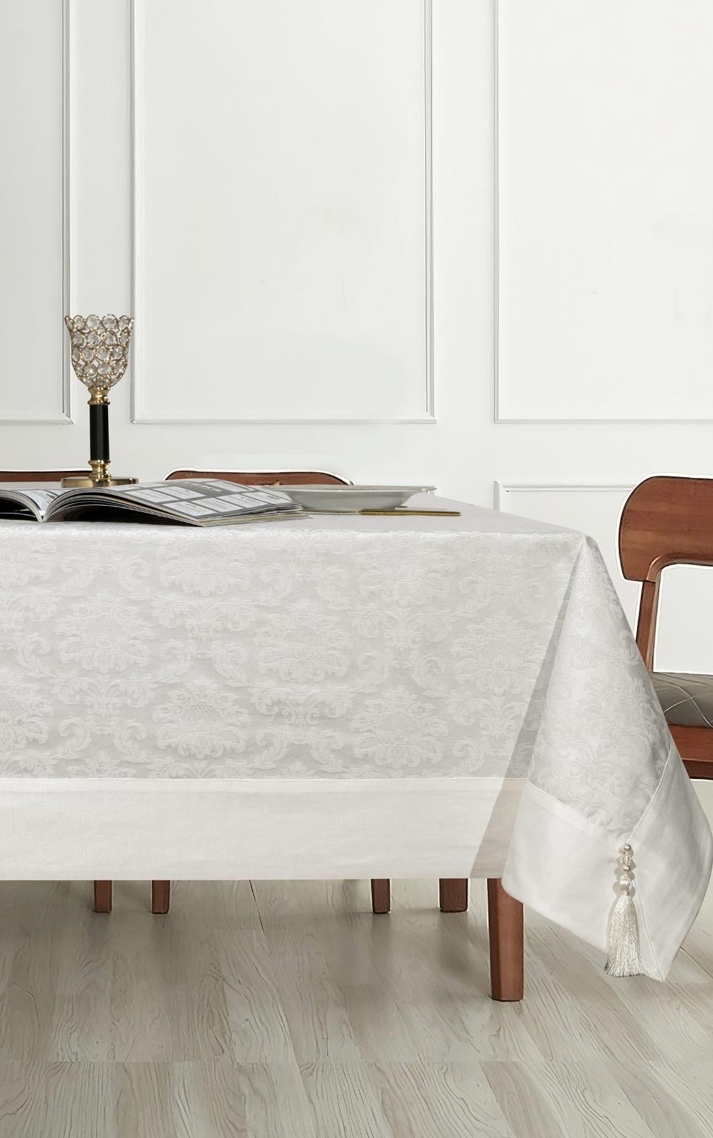 Polycotton Pamuklu Damask Desen Masa Örtüsü 160x220 cm KremUygun fiyatlı üreticiden toptan masa örtüsü runner setleri 