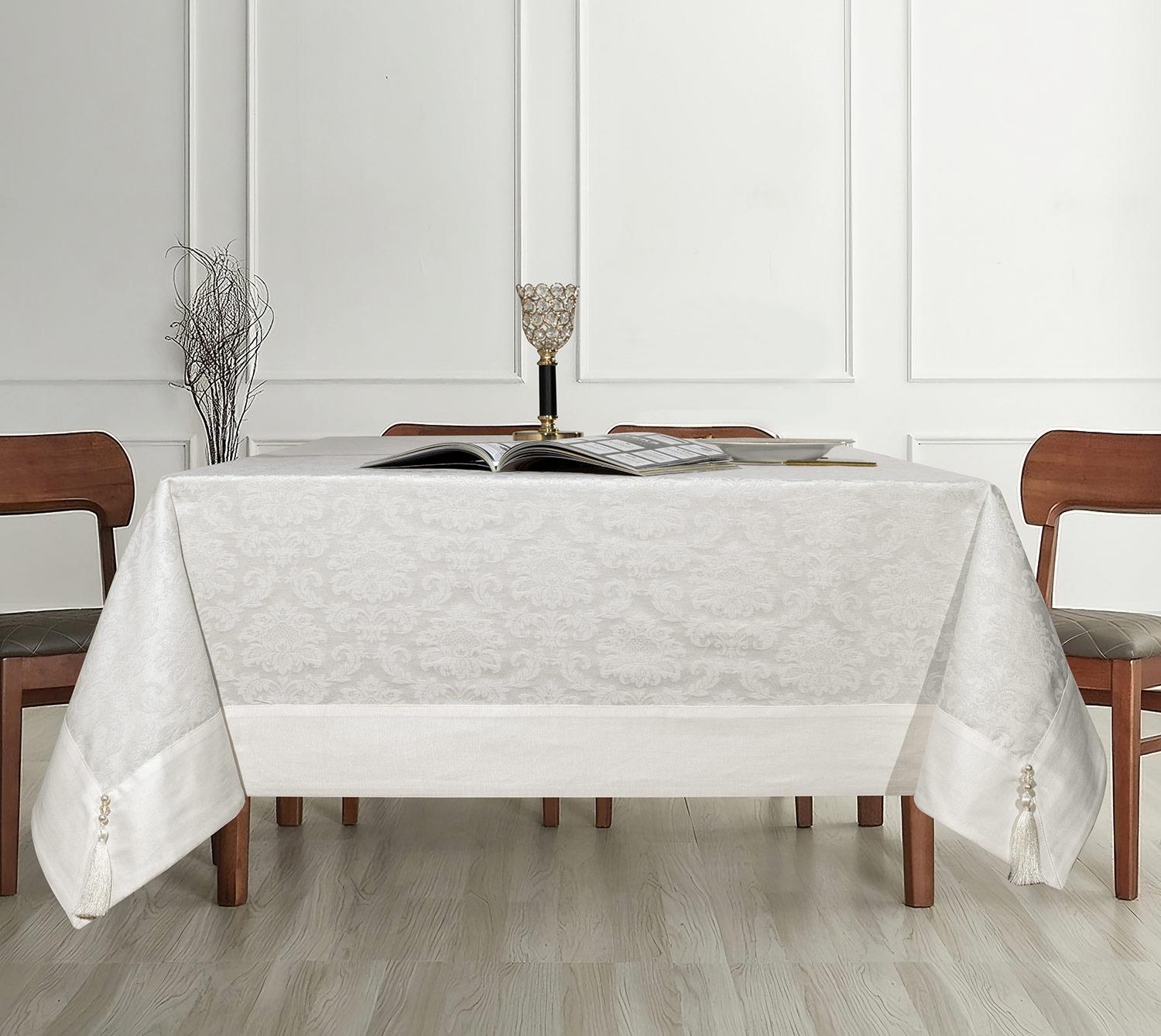 Polycotton Pamuklu Damask Desen Masa Örtüsü 160x220 cm KremUygun fiyatlı üreticiden toptan masa örtüsü runner setleri 