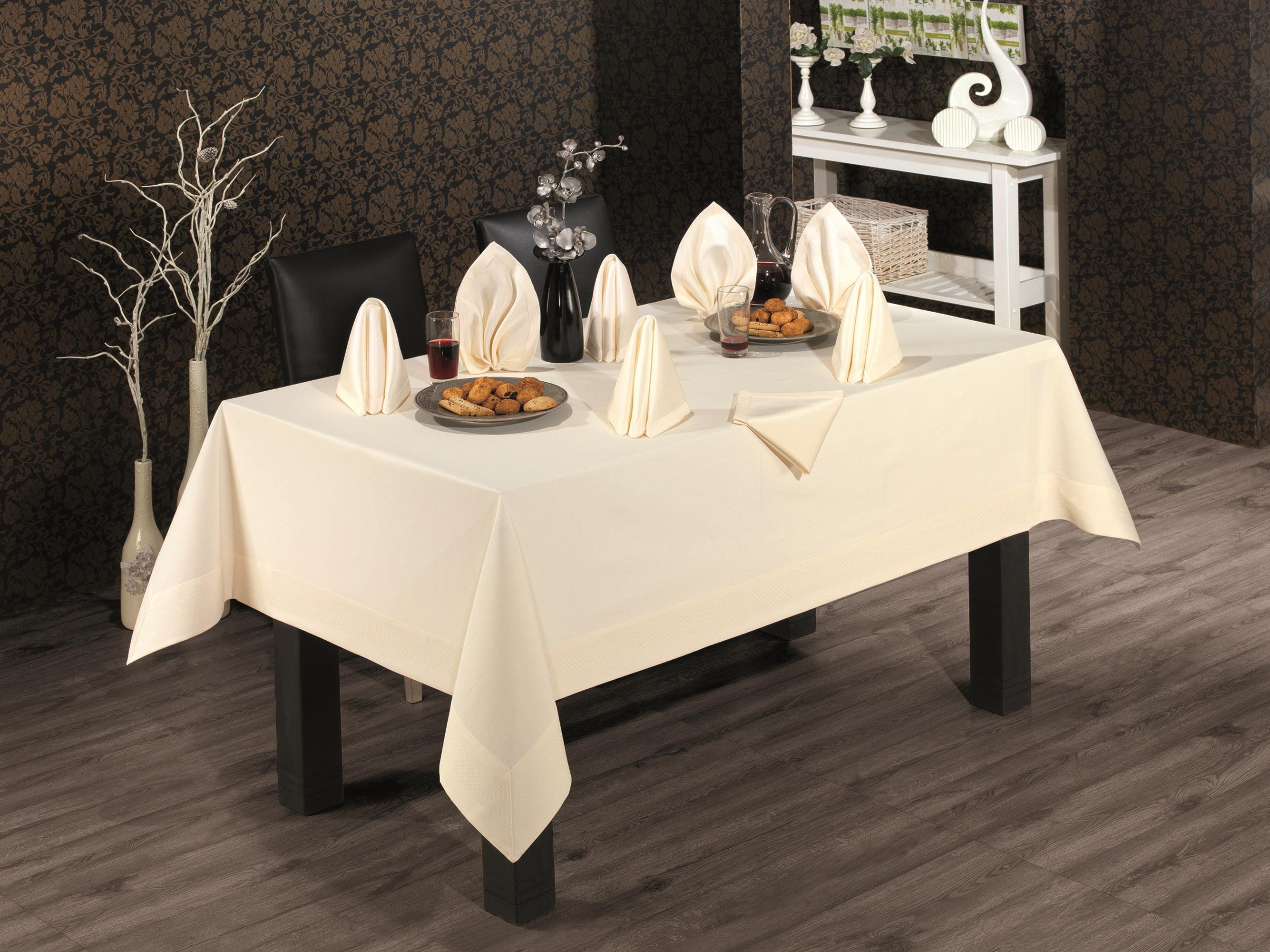 Honey Pamuklu Masa Örtüsü 8 Adet Peçeteli Bordürlü 160x220 Cm KremUygun fiyatlı üreticiden toptan masa örtüsü runner setleri 