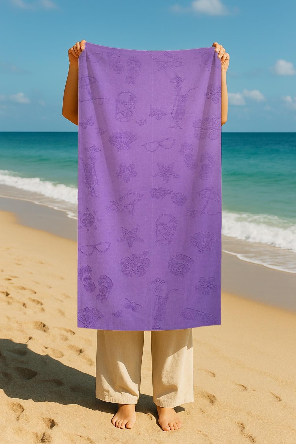 Hızlı Kuruyan Plaj Havlusu %100 Pamuk Purple Beach  Vibes Plaj Havlusu - MorSamimi bir yemek, aile içinde hoş bir akşam masanıza uyacak masa örtüleri ve runner'lar