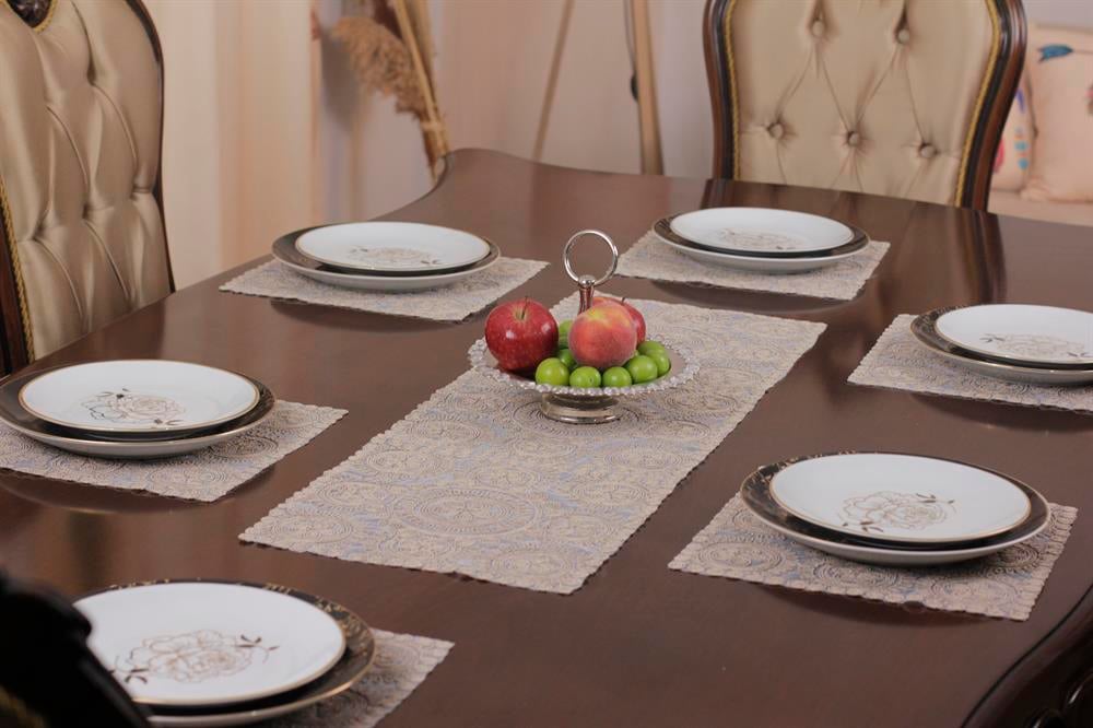 Tropikhome Amerikan Servis Supla Ve Runner Seti 6 Kişilik Set Victoria Bej 7 Parça