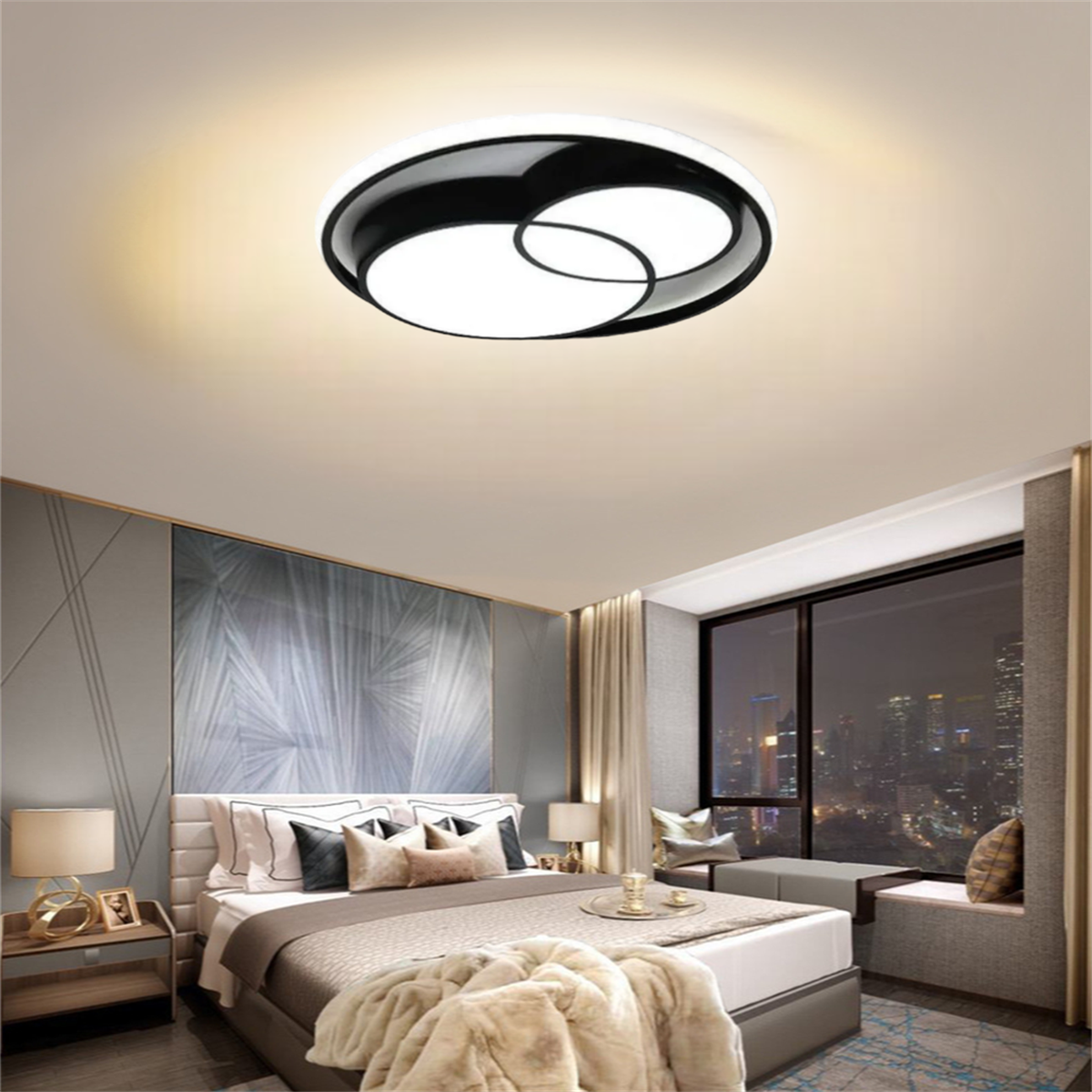 Ø60CM SİYAH YUVARLAK İÇİ ÇİFT YUVARLAK LED TAVAN LAMBASI,AVİZE,MODERN AYDINLATMA,3 IŞIK RENGİ,KUMANDALI