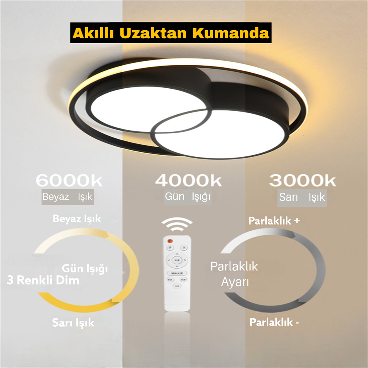Ø60CM SİYAH YUVARLAK İÇİ ÇİFT YUVARLAK LED TAVAN LAMBASI,AVİZE,MODERN AYDINLATMA,3 IŞIK RENGİ,KUMANDALI