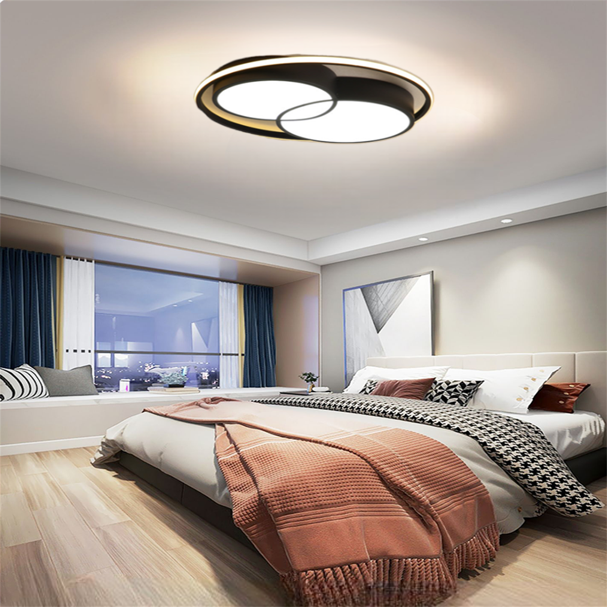 Ø60CM SİYAH YUVARLAK İÇİ ÇİFT YUVARLAK LED TAVAN LAMBASI,AVİZE,MODERN AYDINLATMA,3 IŞIK RENGİ,KUMANDALI