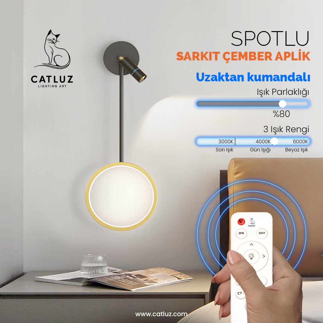 GOLD ÇEMBER SARKIT APLİK,DEKORAFİT DUVAR AYDINLATMA,KUMANDALI SPOT IŞIK