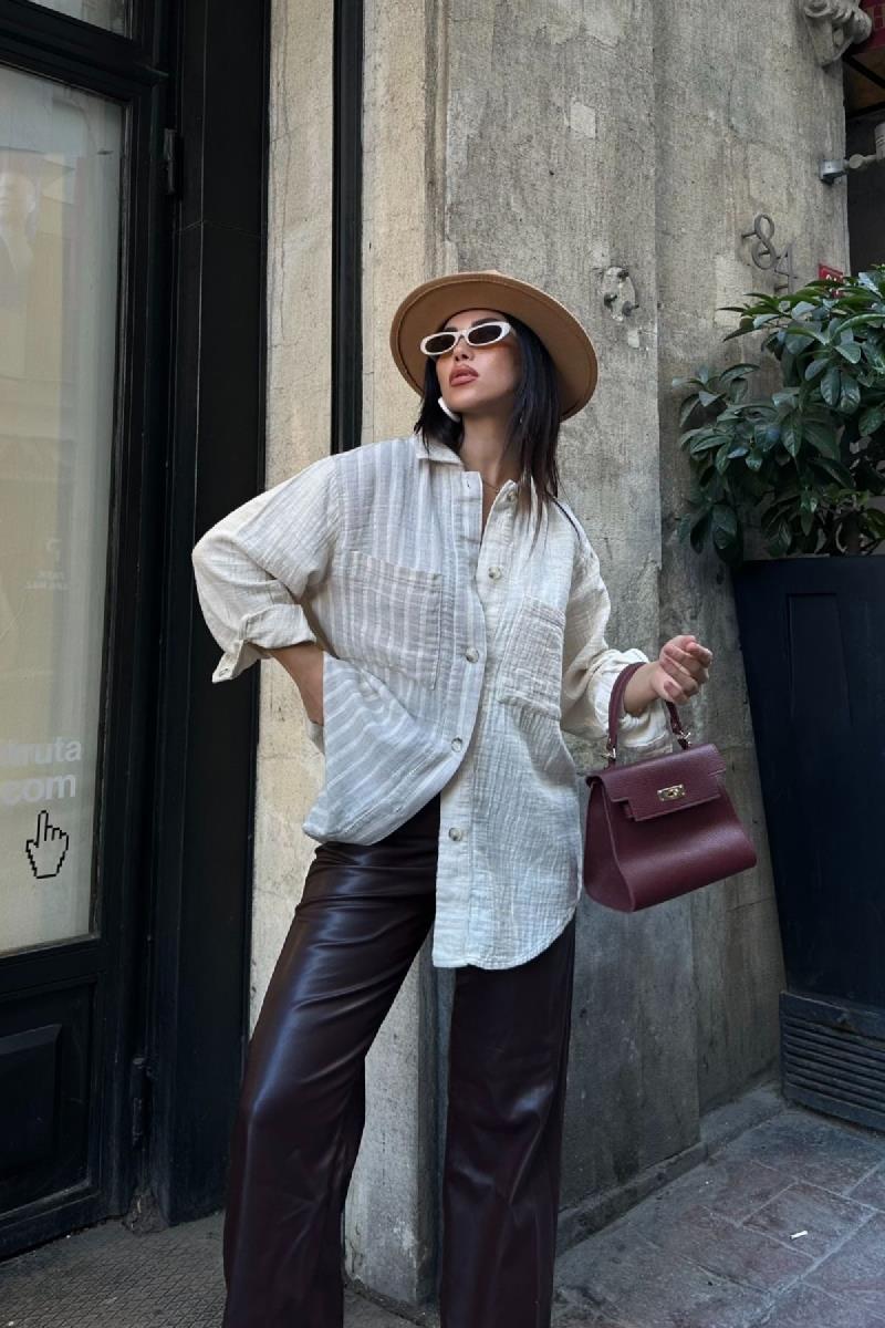 Çizgi Garnili Oversize Gömlek