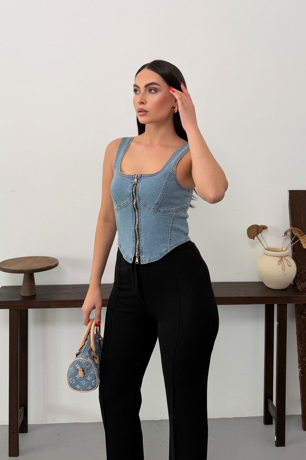 Fermuarlı Denim Büstiyer