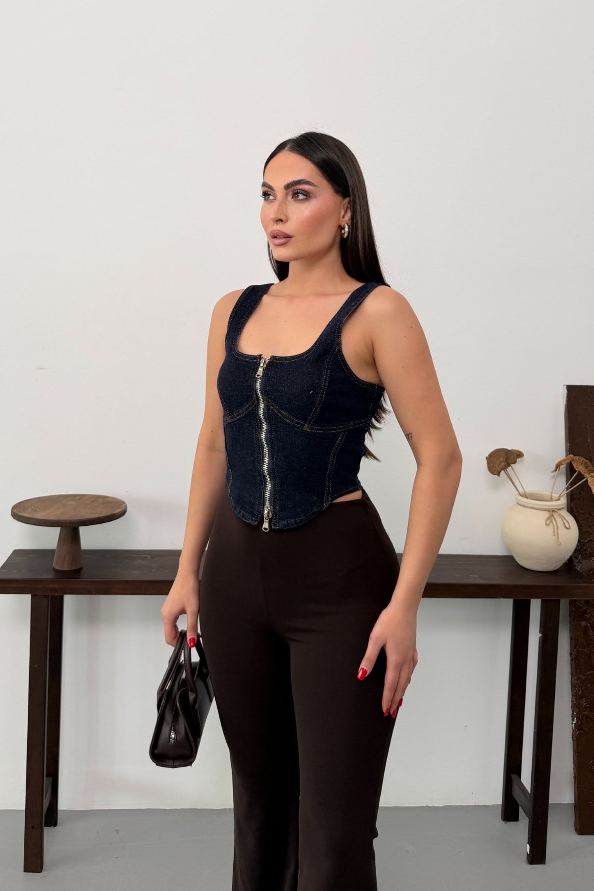 Fermuarlı Denim Büstiyer