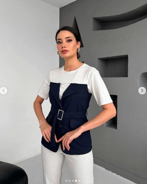 Kemerli Çift Parça Görünümlü Elbise