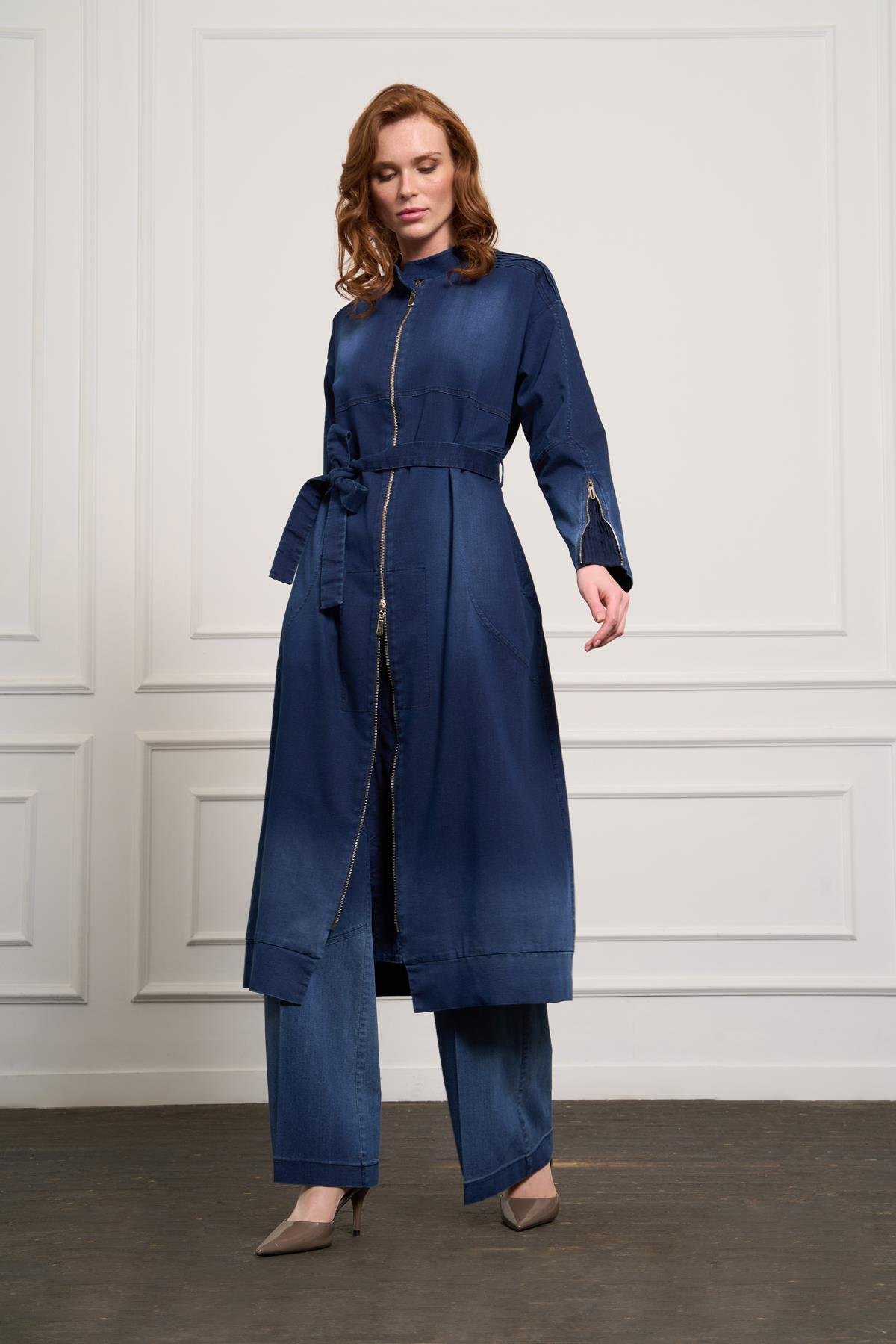 Boydan Fermuar Kemerli Tasarım Denim Kap - LACİVERT