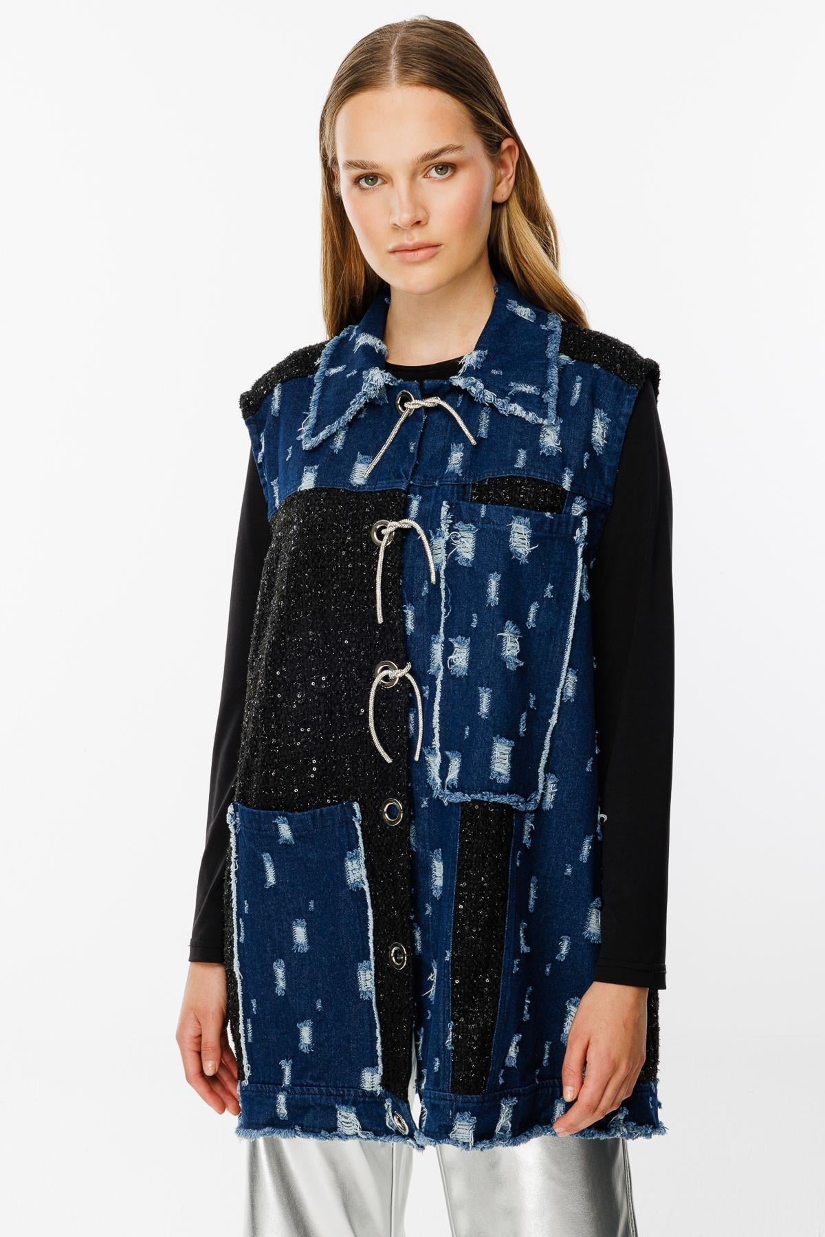 Denim Parça Kumaş Detaylı Yelek - MAVİ