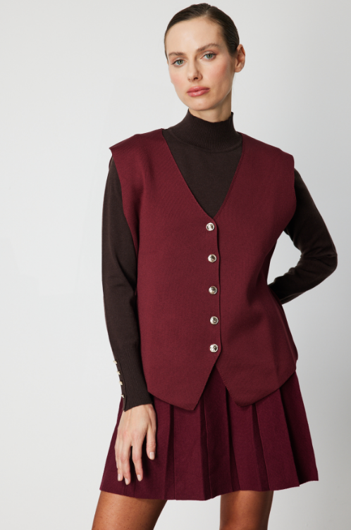 Düğmeli V Yaka Yelek - BORDO