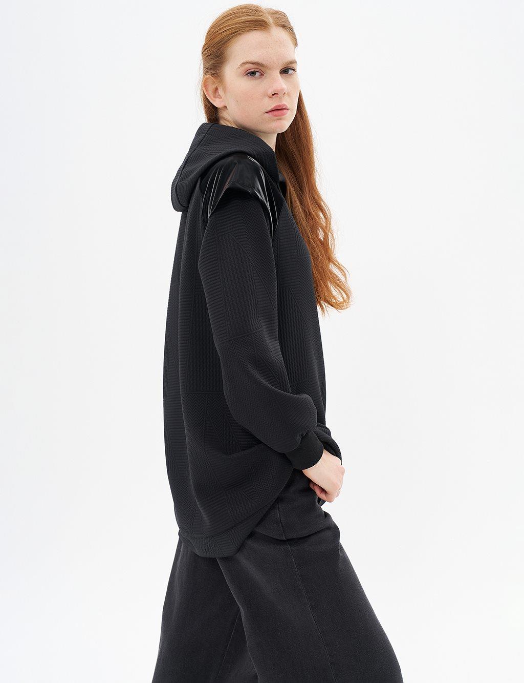 Kapüşonlu Dokulu Sweatshirt - SİYAH