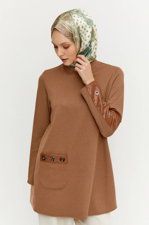 Kuşgözü Ve Deri Detaylı Tunik - CAMEL