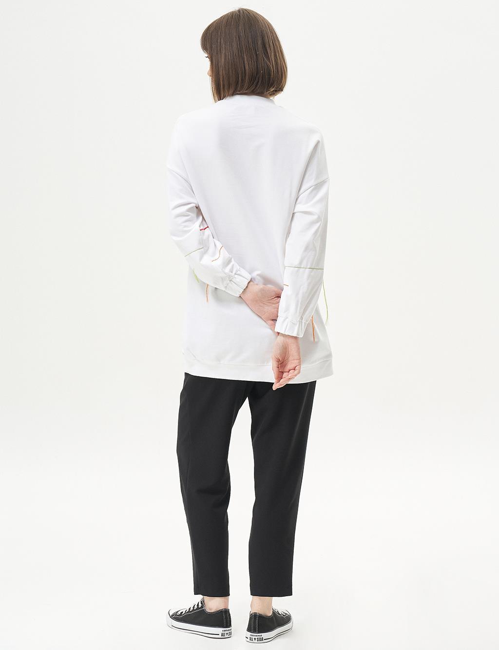 Ribanalı Sıfır Yaka Poplin Sweatshirt - OPTİK BEYAZ