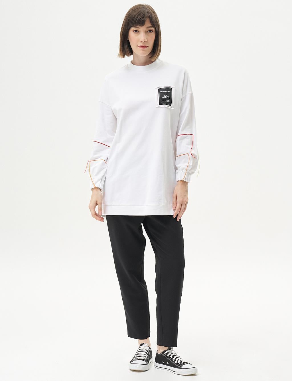 Ribanalı Sıfır Yaka Poplin Sweatshirt - OPTİK BEYAZ