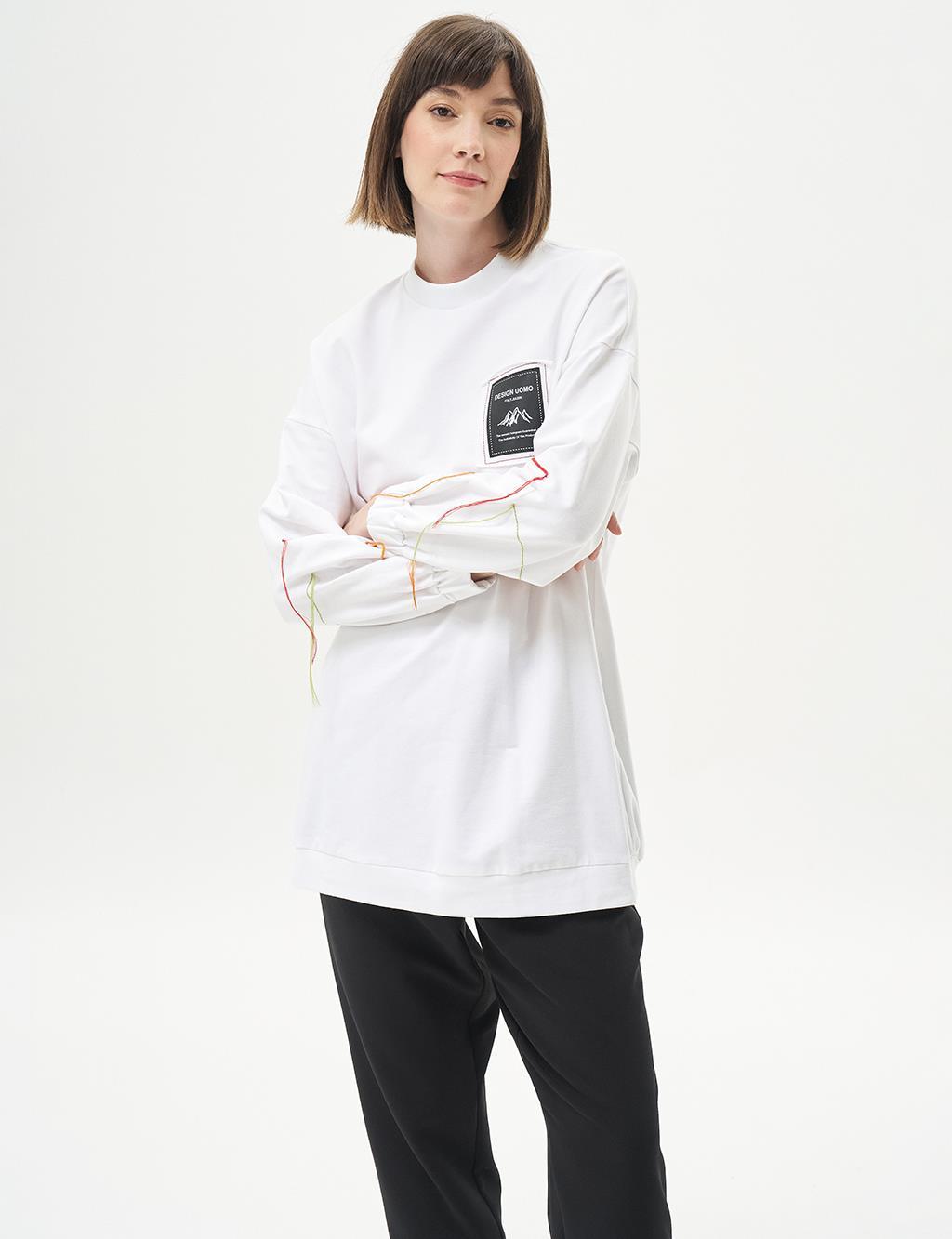 Ribanalı Sıfır Yaka Poplin Sweatshirt - OPTİK BEYAZ