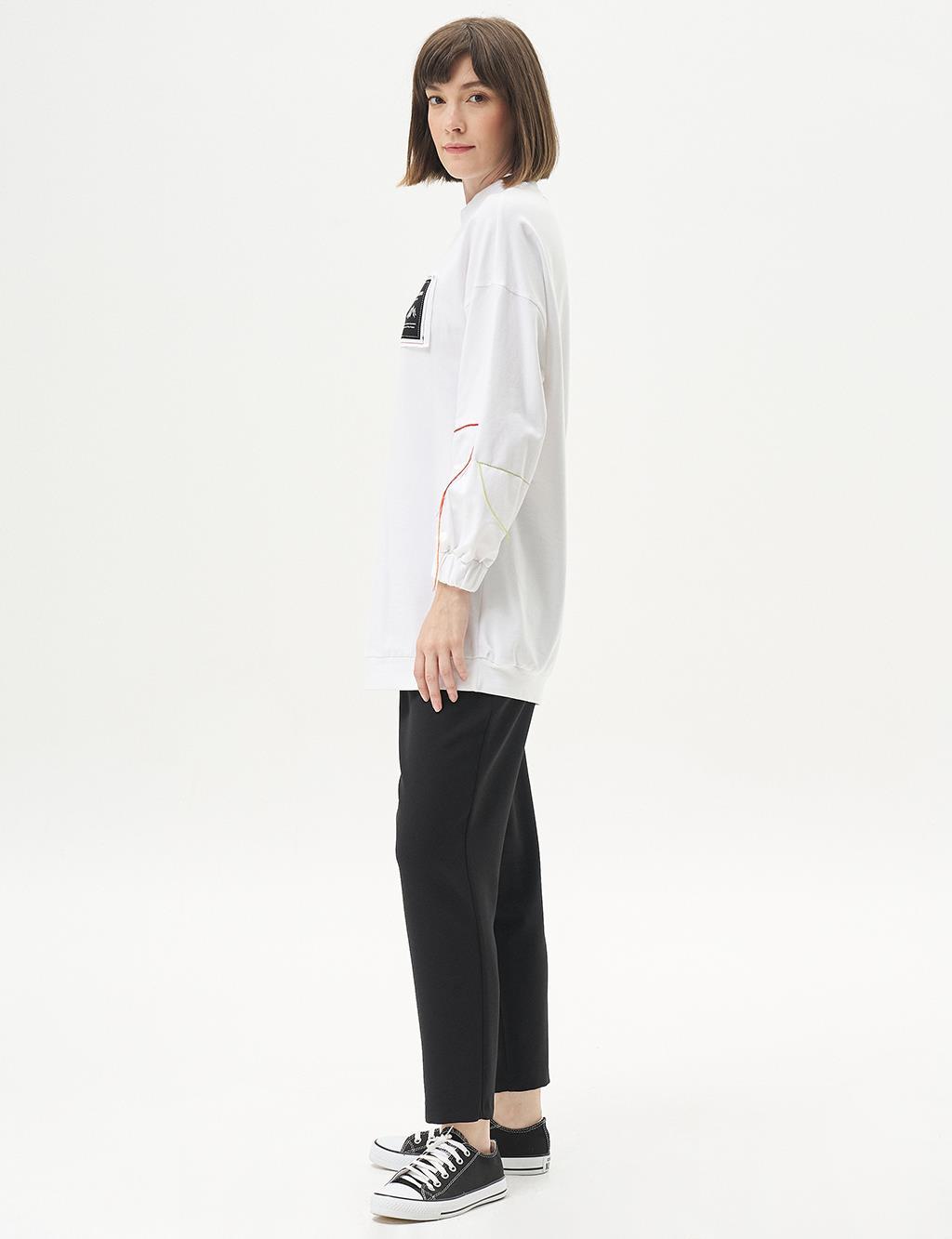 Ribanalı Sıfır Yaka Poplin Sweatshirt - OPTİK BEYAZ