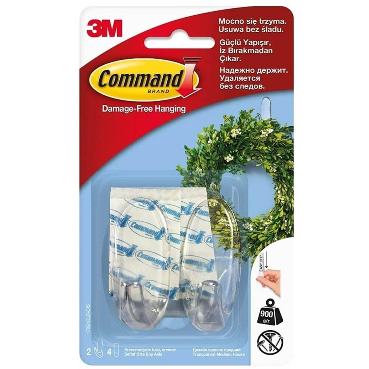 3M™ Command™ 17091CLR-CIS Orta Boy Şeffaf Askı, Max 900 gr (2 Askı + 4 Orta Boy Cırt Bant)