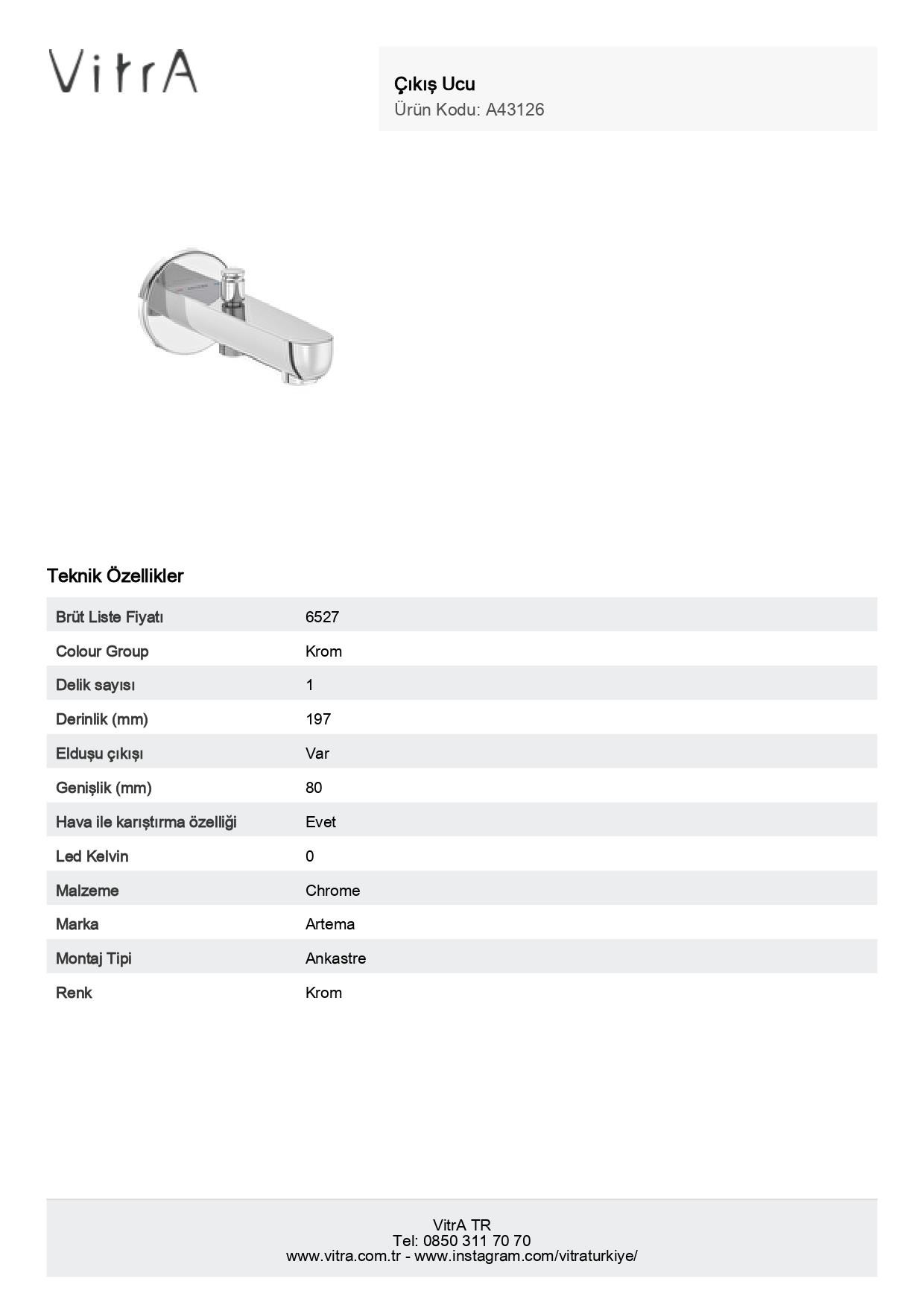 Artema Root Round Ankastre Banyo Bataryası Çıkış Ucu Krom A43126