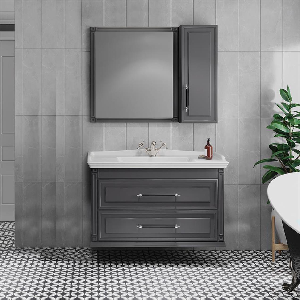 Denko Albatros 100 cm MDF Gri Banyo Dolabı Takımı