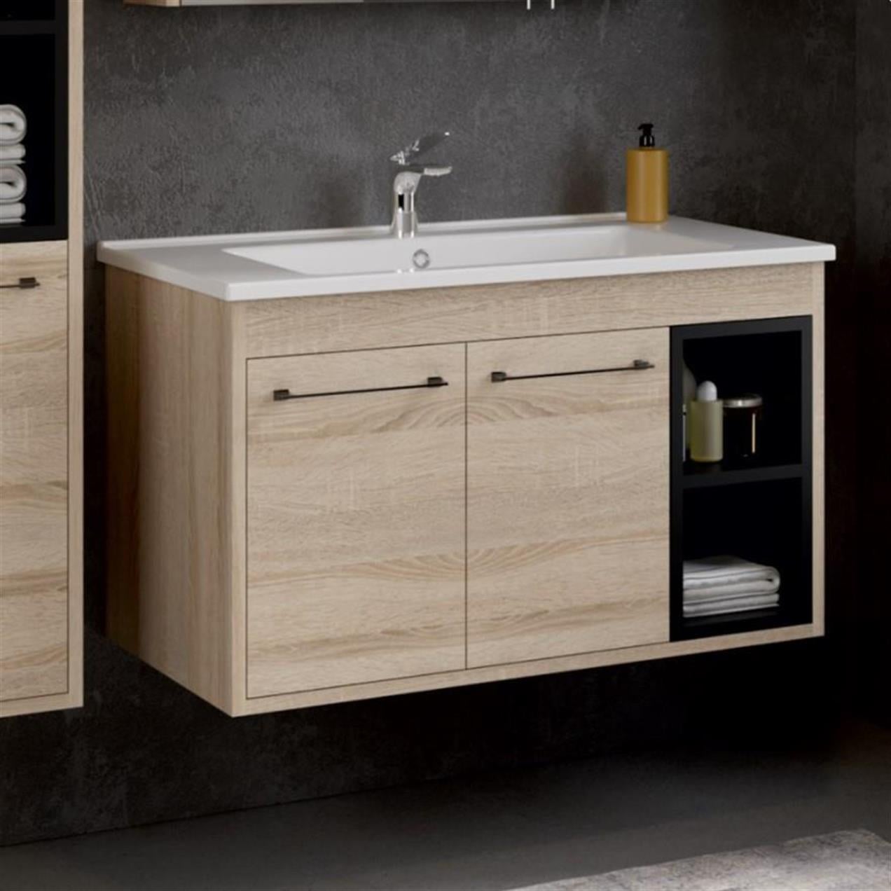 Denko Latte 85 cm MDF Sonoma Banyo Dolabı Takımı ve Boy Dolabı