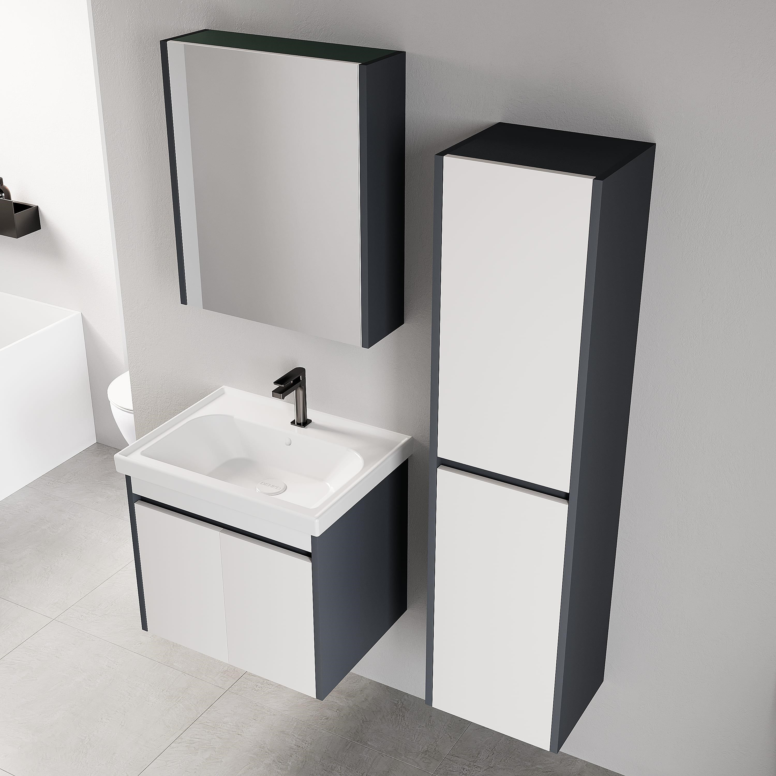 Denko Milano 60 cm (Antrasit Beyaz) Banyo Dolabı (Alt Modül Lavabo)