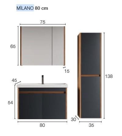 Denko Milano 80 cm MDF Hazar Antrasit Banyo Dolabı Takımı ve Boy Dolabı