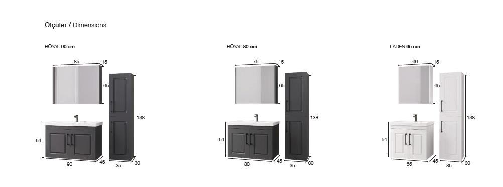 Denko Royal 90 cm Antrasit Gri Banyo Dolabı Takımı ve Boy Dolabı