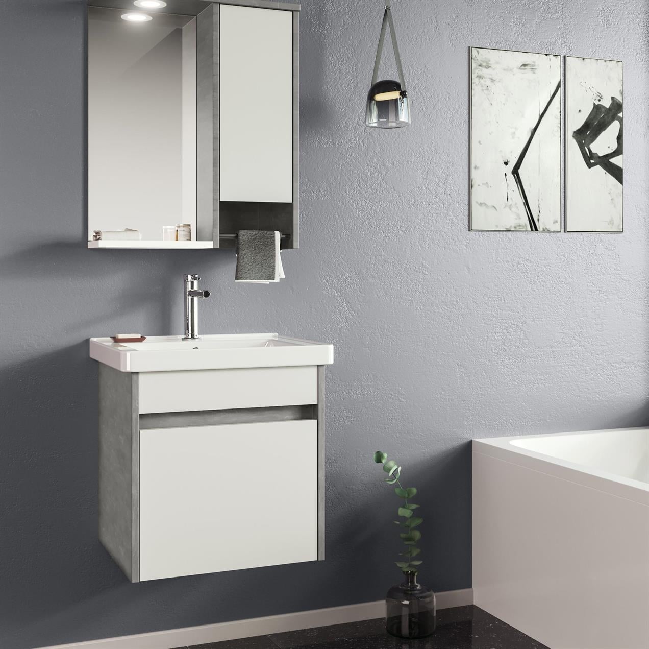 Orka Aydos 55 cm MDF Retro Gümüş/Beyaz Banyo Dolabı Takımı