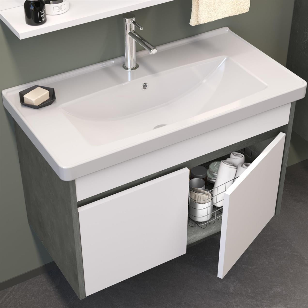 Orka Aydos 65 cm MDF Retro Gümüş/Beyaz Banyo Dolabı Takımı