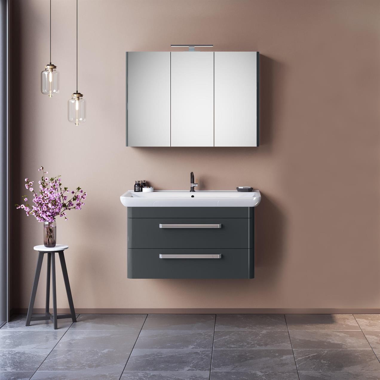 Orka Rose 100 cm MDF Parlak Gri Banyo Dolabı Alt Modül ve Lavabo