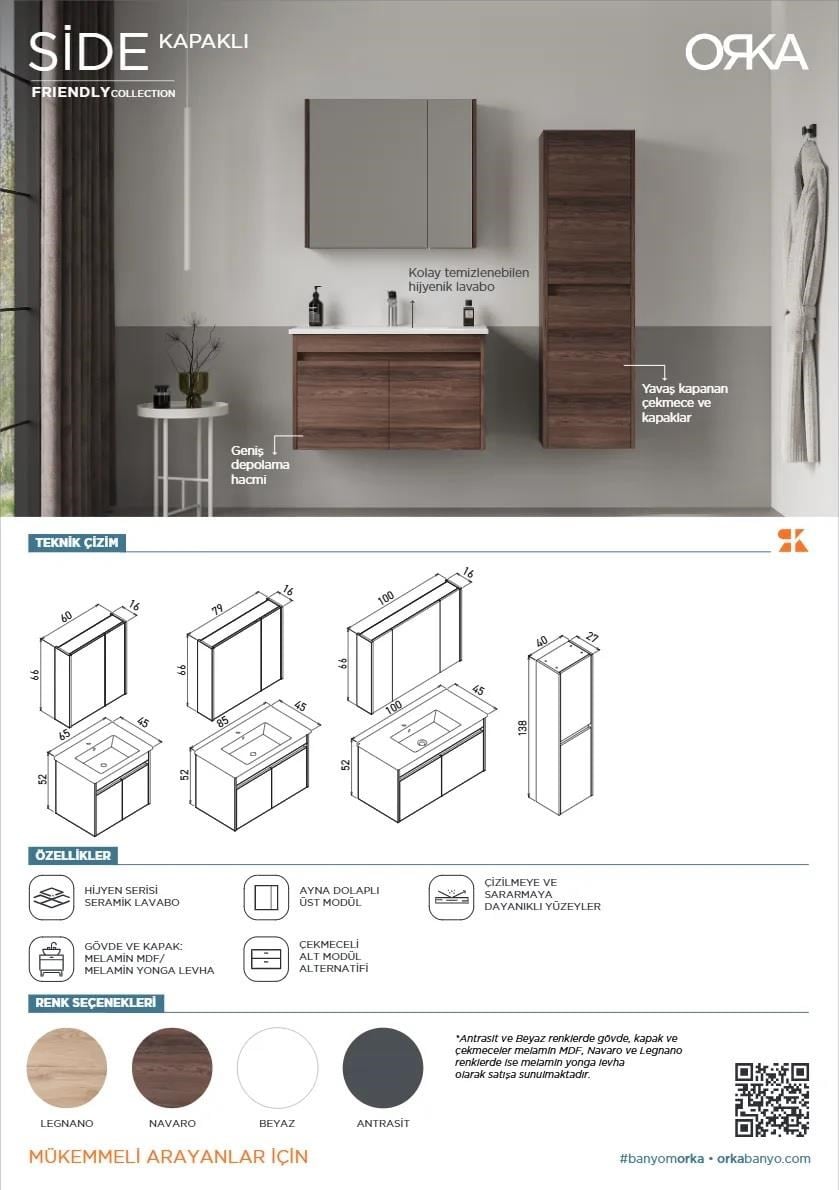 Orka Side 100 cm Beyaz Kapaklı Banyo Dolabı Alt Modül Lavabo