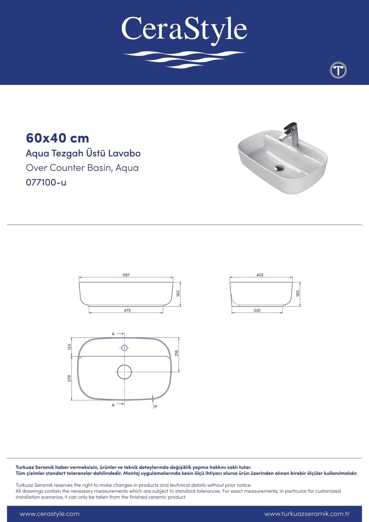 Turkuaz Cerastyle Aqua Tezgahüstü Mat Gri Lavabo 60*40 cm