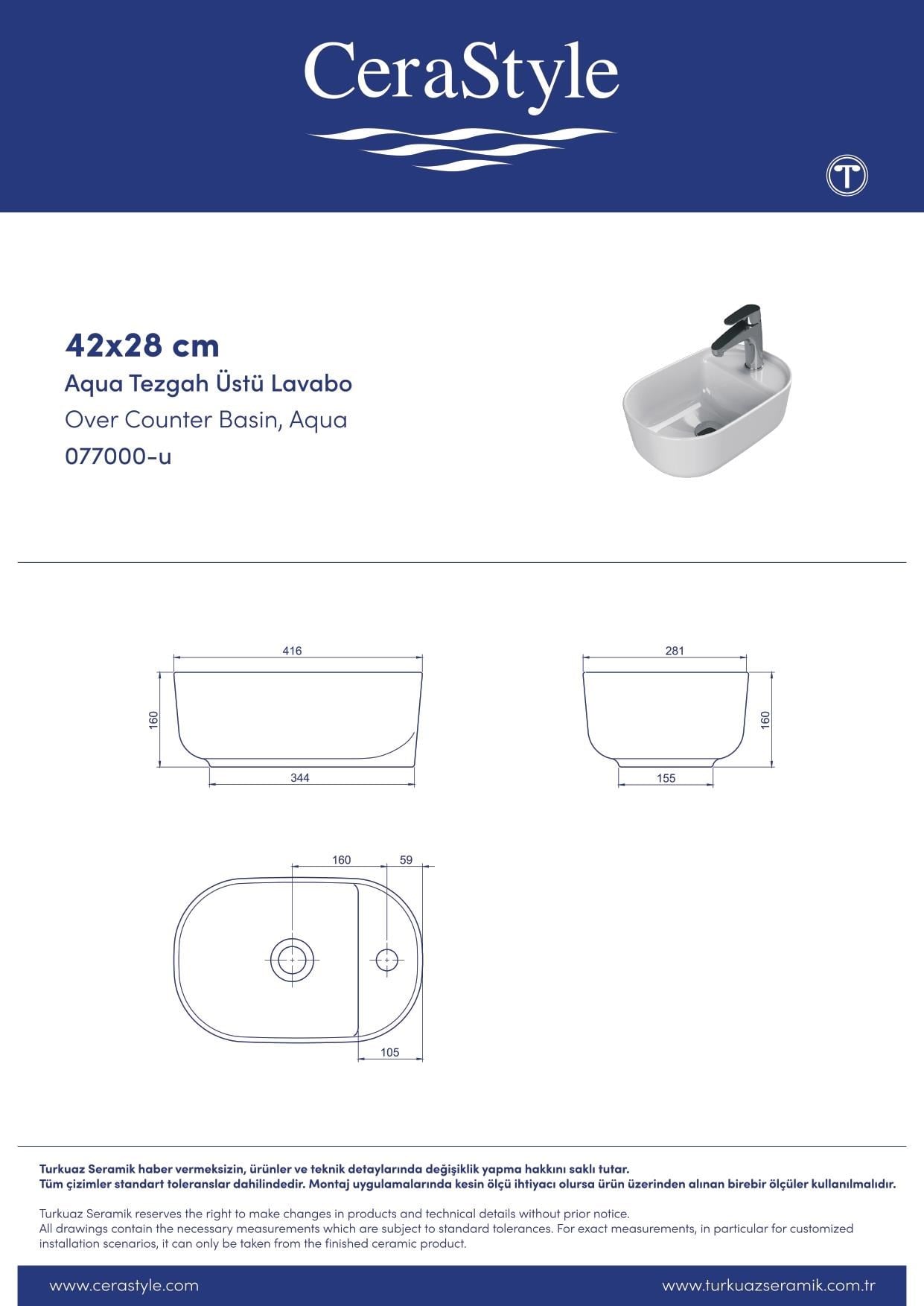 Turkuaz Cerastyle Aqua Tezgahüstü Mat Gri Lavabo 42*28 cm 